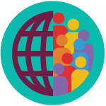 Icon representing a half globe and diverse individuals