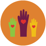 An icon with three raised hands in different colours with hearts