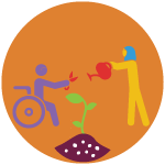 An icon with a sprout growing. One person is in a wheelchair with a gardening tool. Another person is wearing a hijab watering the plant