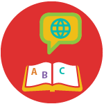 An icon with a book reads A,B,C and a speech bubble from the book has a globe