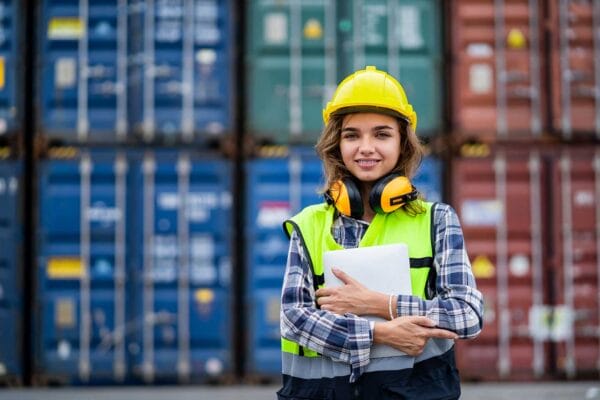 A woman worker wearing protective gear in front of shipping containers
