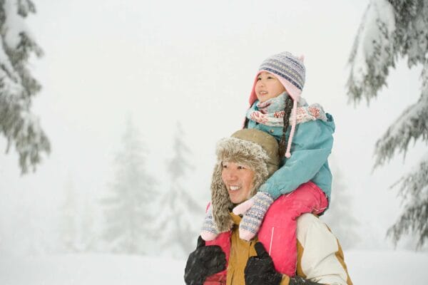 Newcomers father and daughter enjoying the winter snow