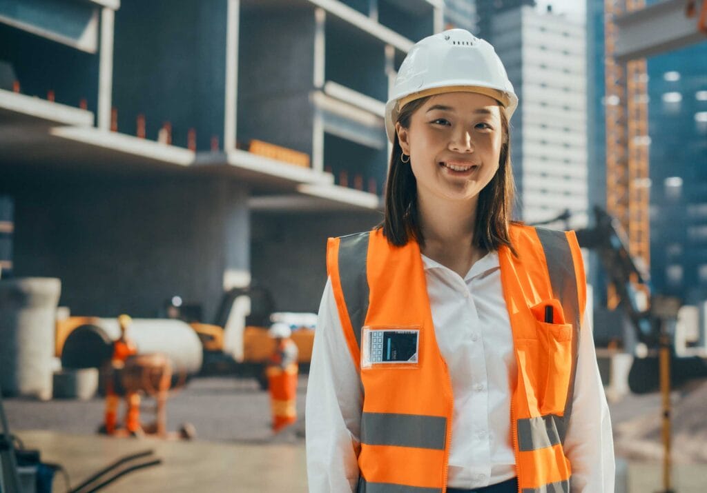 A skilled immigrant engineer woman smiling in front of a construction site