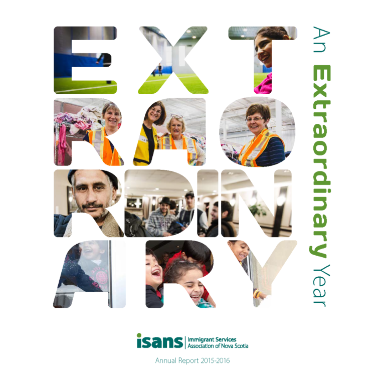 2016 annual report cover, images of ISANS refugee clients and volunteers
