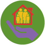 a family in a house floating above a helping hand