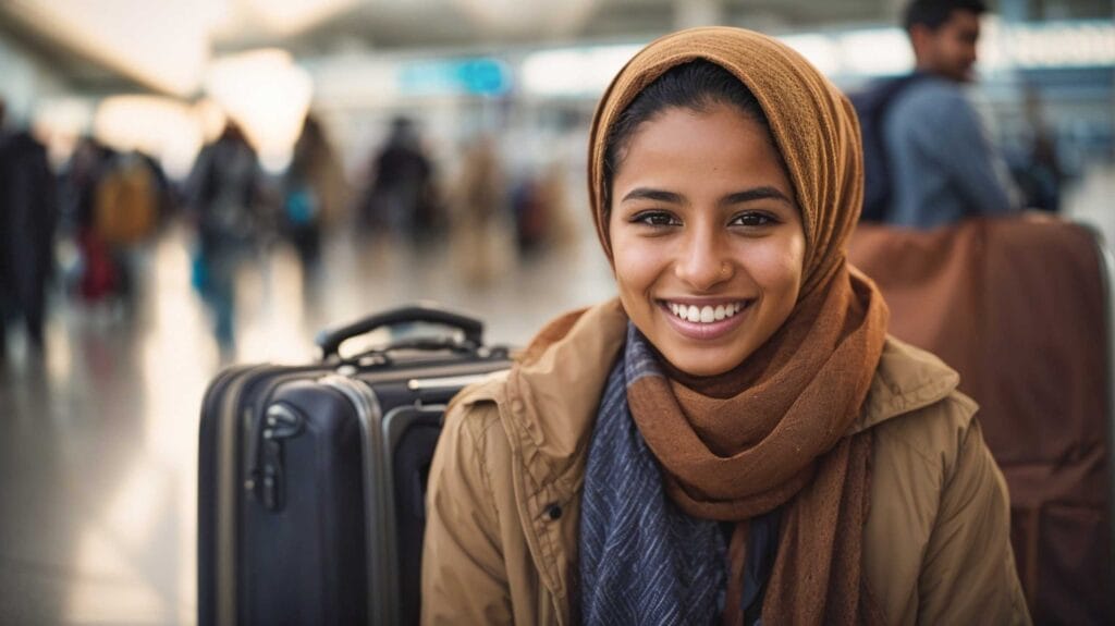 A government-assisted refugee smiling in the airport next to her luggage