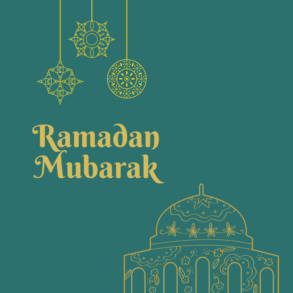 A text Ramadan Mubarak written on top of a teal background with a gold line art representing a mosque