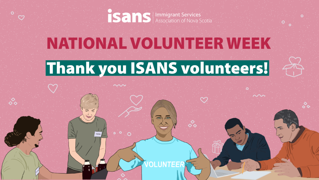 A pink background graphic with illustration of different volunteers. The text reads "NATIONAL VOLUNTEER WEEK. Thank you ISANS volunteers!"