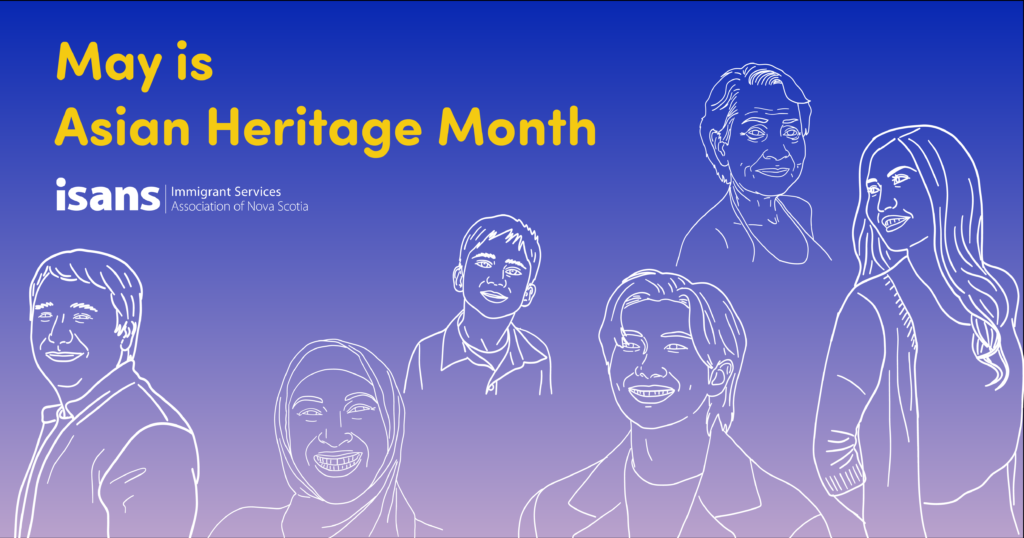 A gradient image with Ultramarine blue and lavender features white line drawings of different Asian people. The text on the top right reads "May is Asian Heritage Month"