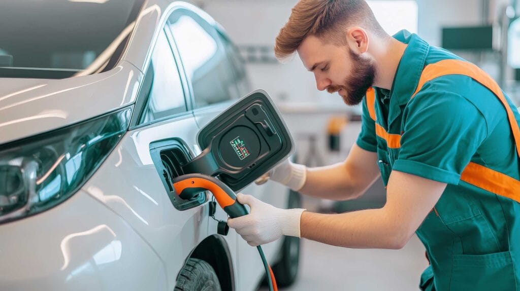 A male technician charging an electronic vehicle