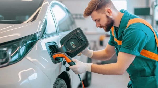 A male technician charging an electronic vehicle