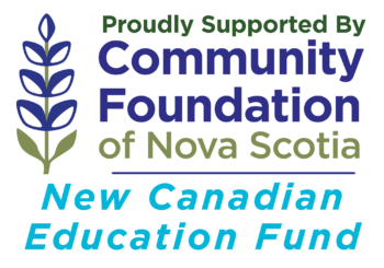 Sponsorship banner: blue plant emblem left, text reads 'Proudly Supported By Community Foundation of Nova Scotia' and 'New Canadian Education Foundation'.