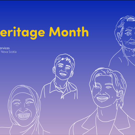 A gradient image with Ultramarine blue and lavender features white line drawings of different Asian people. The text on the top right reads "May is Asian Heritage Month"