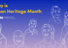 A gradient image with Ultramarine blue and lavender features white line drawings of different Asian people. The text on the top right reads "May is Asian Heritage Month"