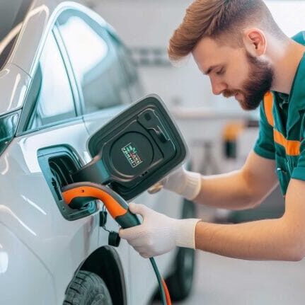 A male technician charging an electronic vehicle