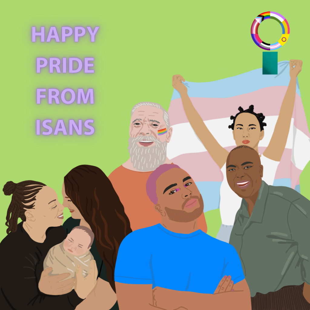 HAPPY PRIDE FROM ISANS written on a melon green background with diverse queer people. There is one person holding up a transgender flag. There is also ISANS' I logo with bunch of different flags representing LGBTQIA+ identities