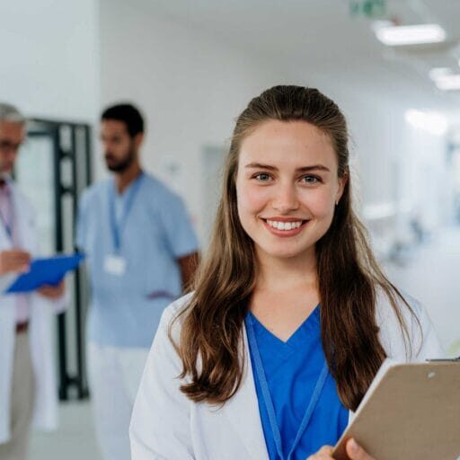 An internationally educated healthcare professional smiling in a hospital