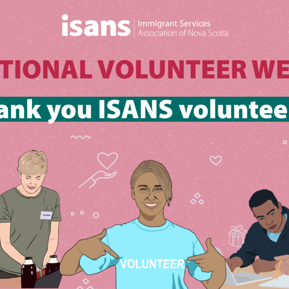 A pink background graphic with illustration of different volunteers. The text reads "NATIONAL VOLUNTEER WEEK. Thank you ISANS volunteers!"