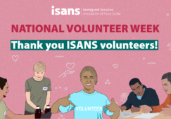 A pink background graphic with illustration of different volunteers. The text reads "NATIONAL VOLUNTEER WEEK. Thank you ISANS volunteers!"