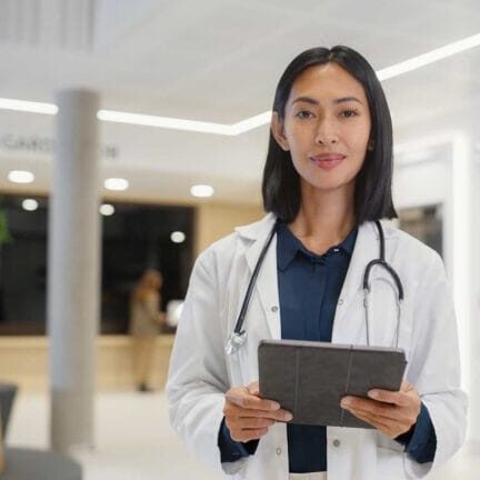 An internationally educated female doctor holding a tablet in a hospital