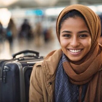 A government-assisted refugee smiling in the airport next to her luggage